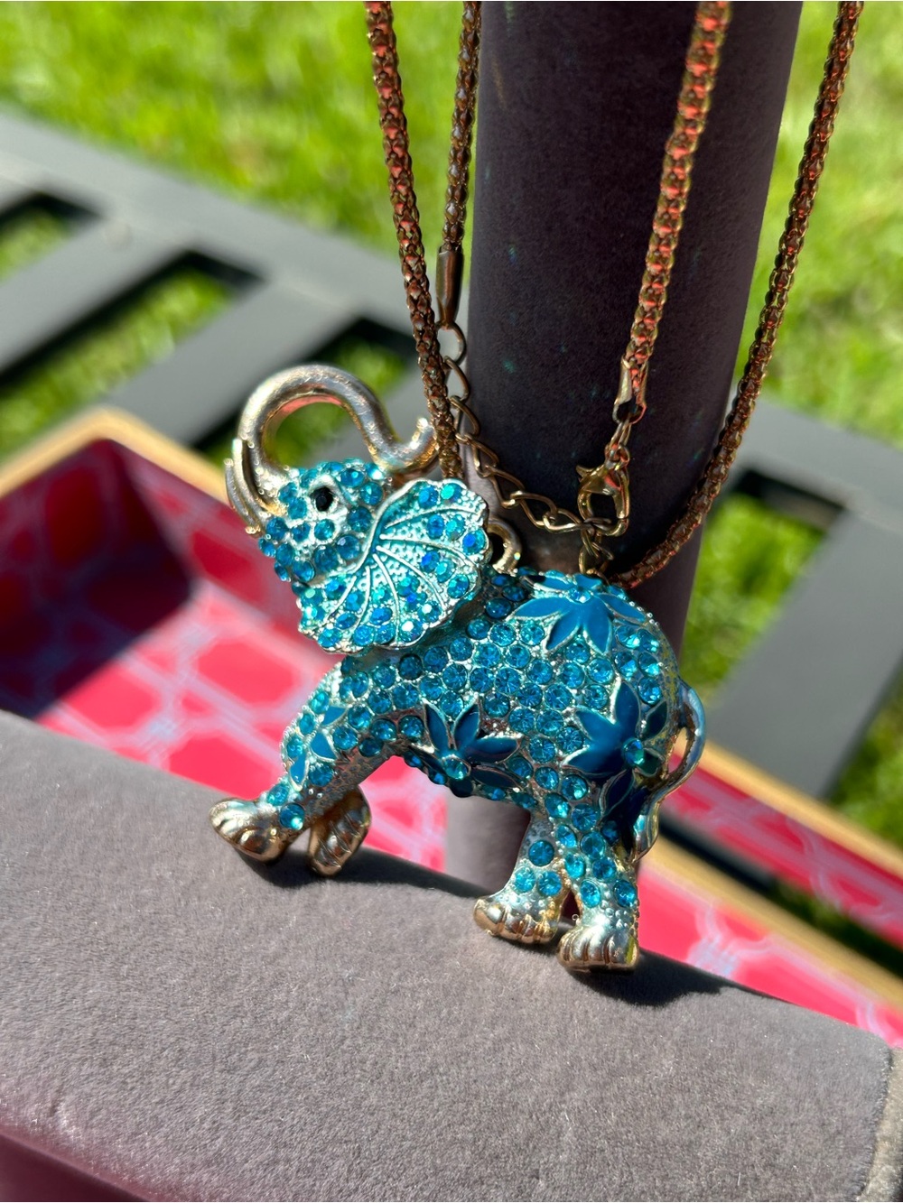 Betsey Johnson Blue Rhinestone Elephant Pendant Necklace